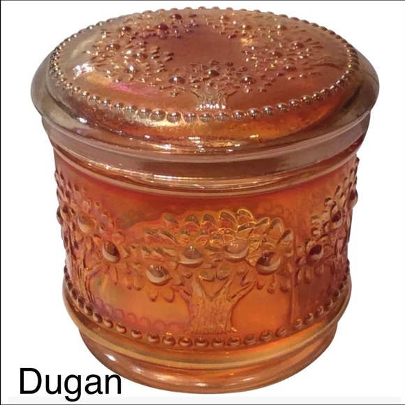Antique 1911 Dugan Carnival Glass Powder Jar – Orange Tree Pattern – Marigold - Picture 1 of 17